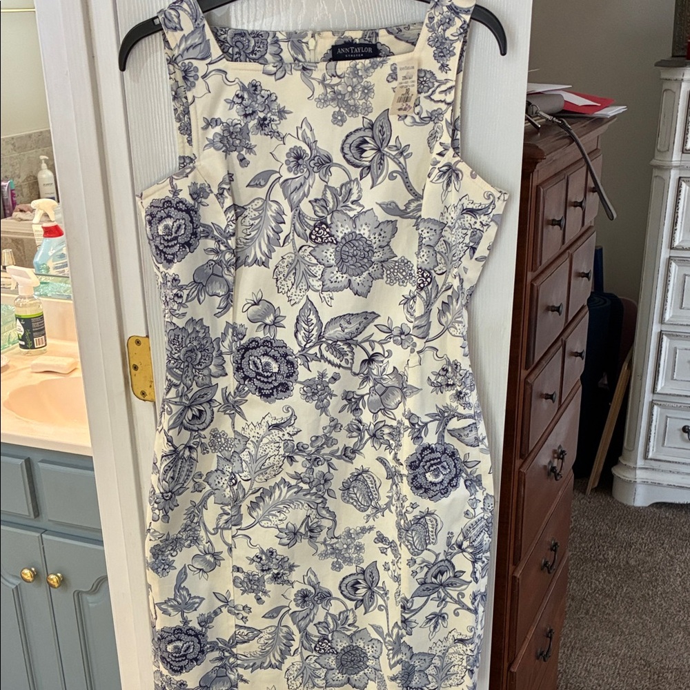NWT Ann Taylor Cream Stretch Cotton Dress with Blue Floral Print SZ 10P